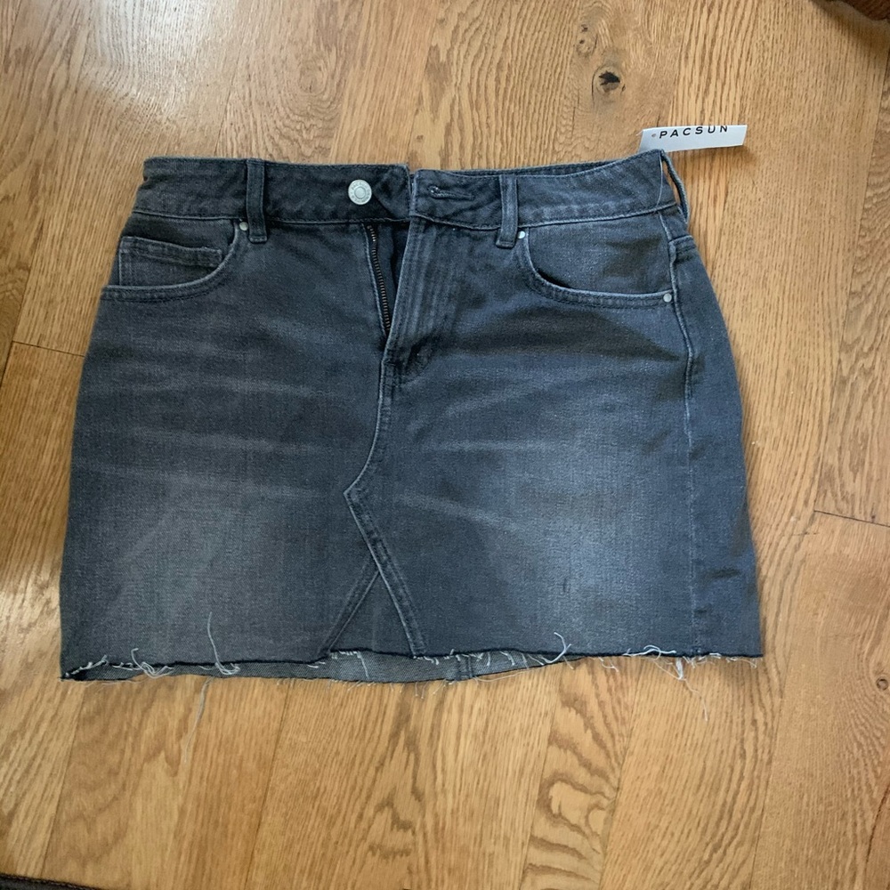 Distressed denim jean skirt